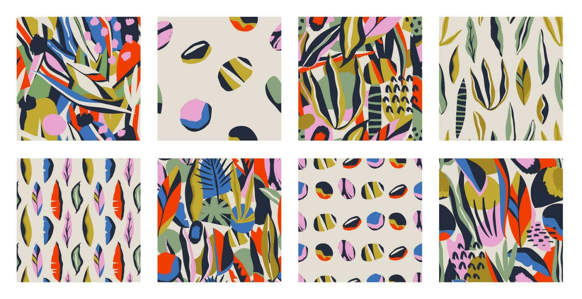 conjunto de patrones sin fisuras contemporáneos abstractos con formas dibujadas a mano, manchas, puntos y líneas con texturas. estampado bohemio vibrante. Ilustración de vector de collage moderno