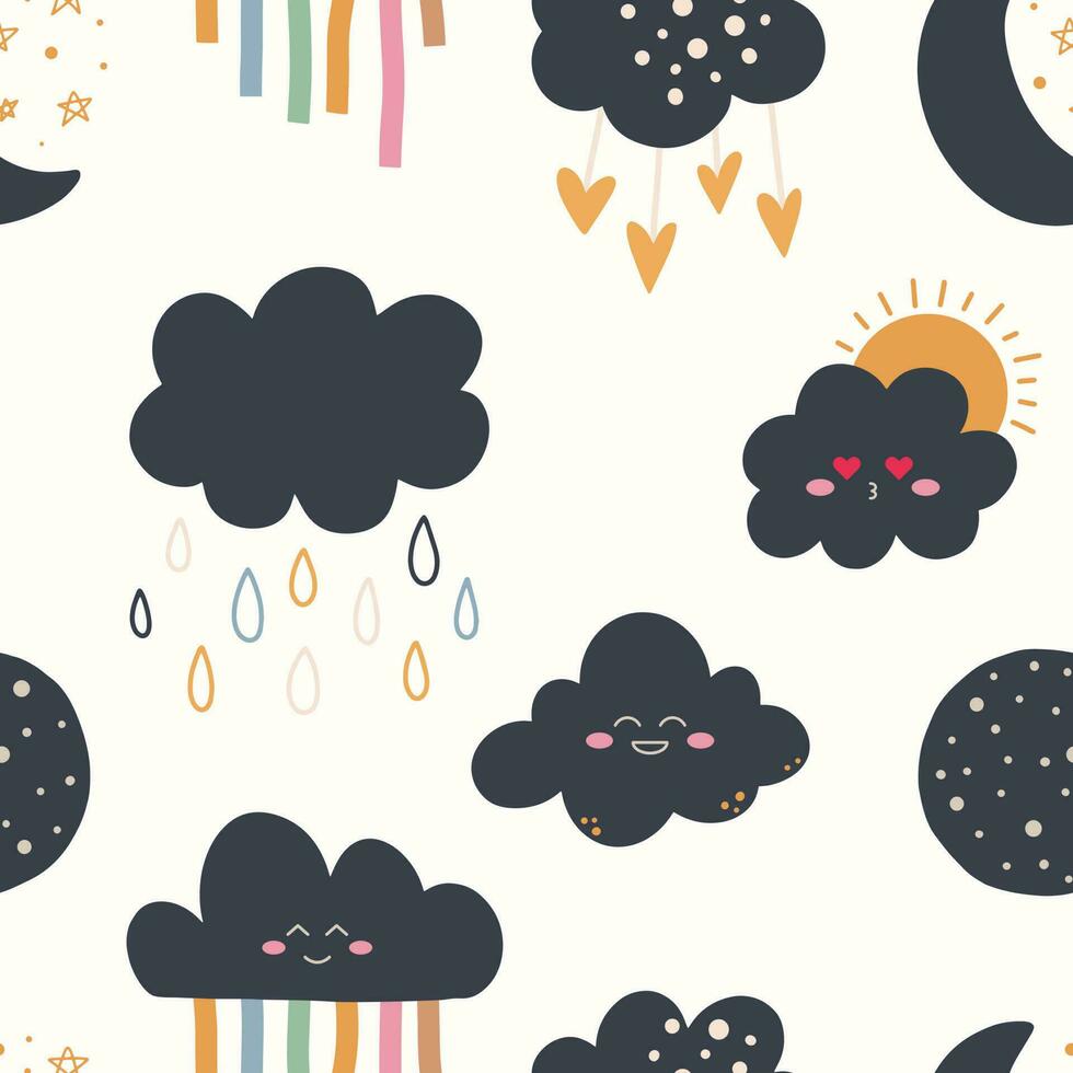Cute hand drawn seamless pattern in boho style. Cartoon doodle print for nursery. Design for shower invitation card, birthday, children's party, book cover, poster vector