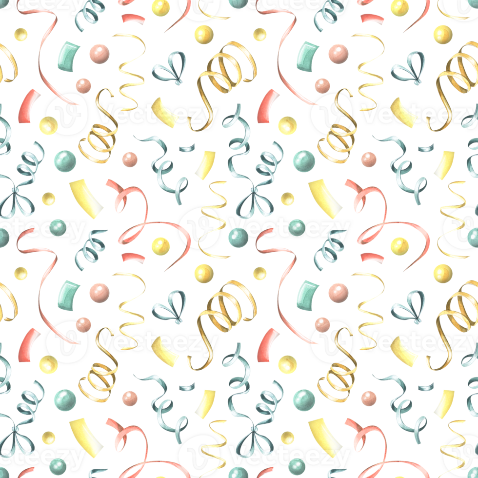 Multicolored ribbons and confetti. Watercolor illustration. festive, congratulatory, seamless pattern from the collection of HAPPY BIRTHDAY. For wrapping paper, fabric, textile png