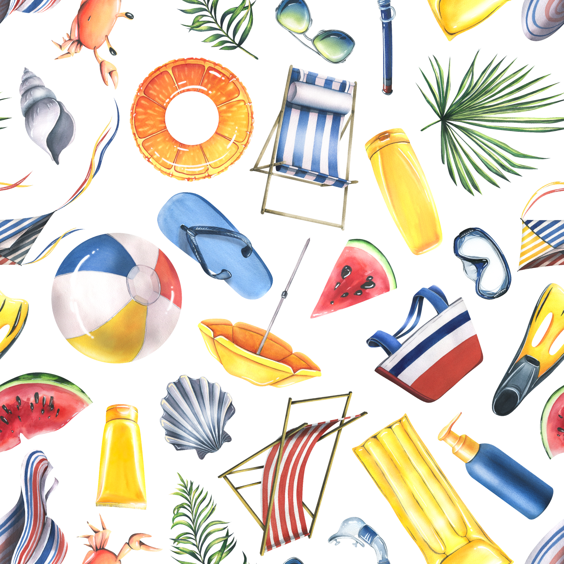 Beach summer accessories, sea holiday toys. Watercolor illustration, hand  drawn. Seamless pattern for fabric, textile, wallpapers, packaging, decor,  prints. 24259329 PNG