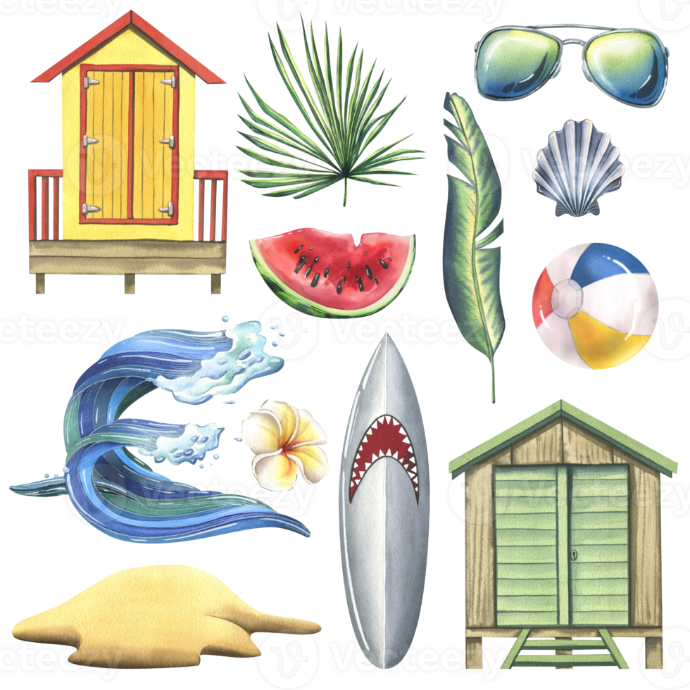 A collection of beach accessories, summer, bright, for relaxation and entertainment. Watercolor illustration, hand drawn. Set of isolated objects png