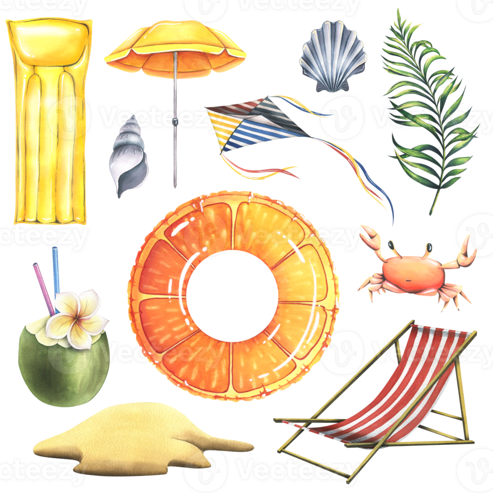 A collection of beach accessories, summer, bright, for relaxation and entertainment. Watercolor illustration, hand drawn. Set of isolated objects png