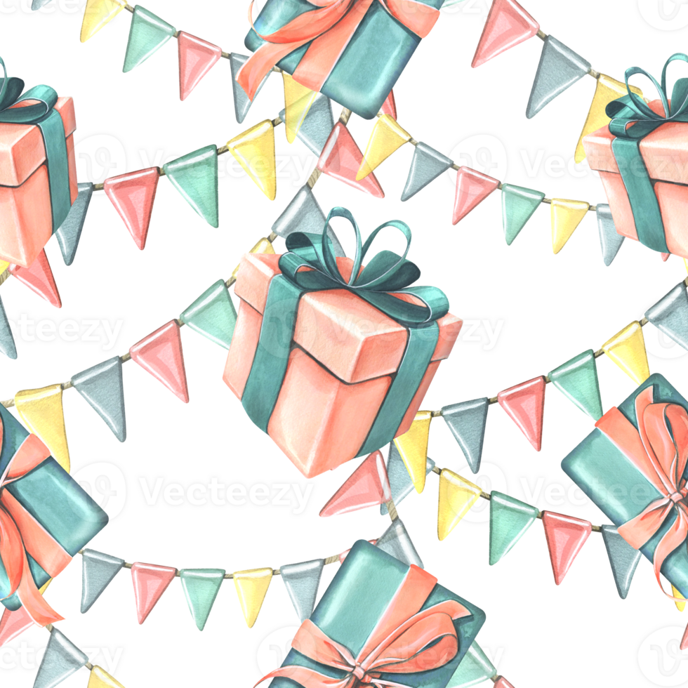 Gift boxes with ribbons, bows and garland of flags in coral and turquoise colors. Watercolor illustration, hand drawn. Seamless pattern for congratulations, wrapping paper png