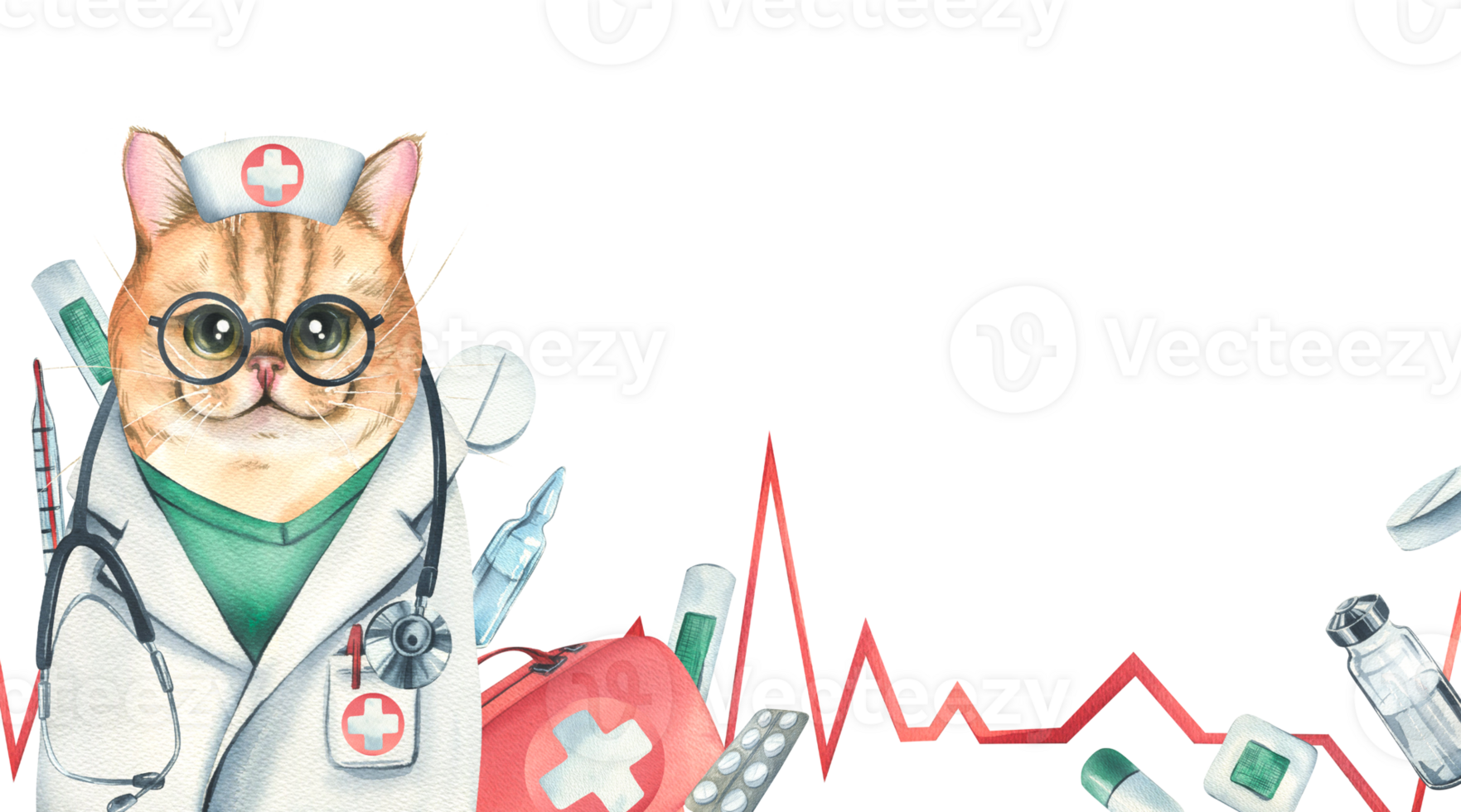 Cat doctor in a dressing gown, glasses, with a stethoscope, a suitcase and medical instruments, pills, injections. Watercolor illustration, hand drawn. Template png
