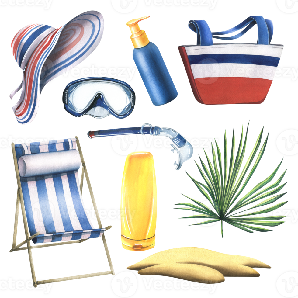 A collection of beach accessories, summer, bright, for relaxation and entertainment. Watercolor illustration, hand drawn. Set of isolated objects png