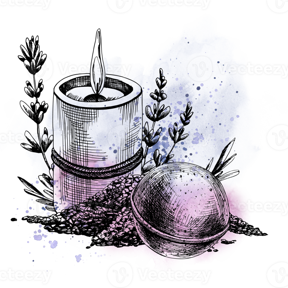 Salt and bath bomb with candle and lavender flowers. Hand-drawn illustration, graphic with watercolor stains and splashes. Isolated composition png