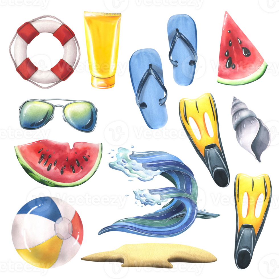 A collection of beach accessories, summer, bright, for relaxation and entertainment. Watercolor illustration, hand drawn. Set of isolated objects png