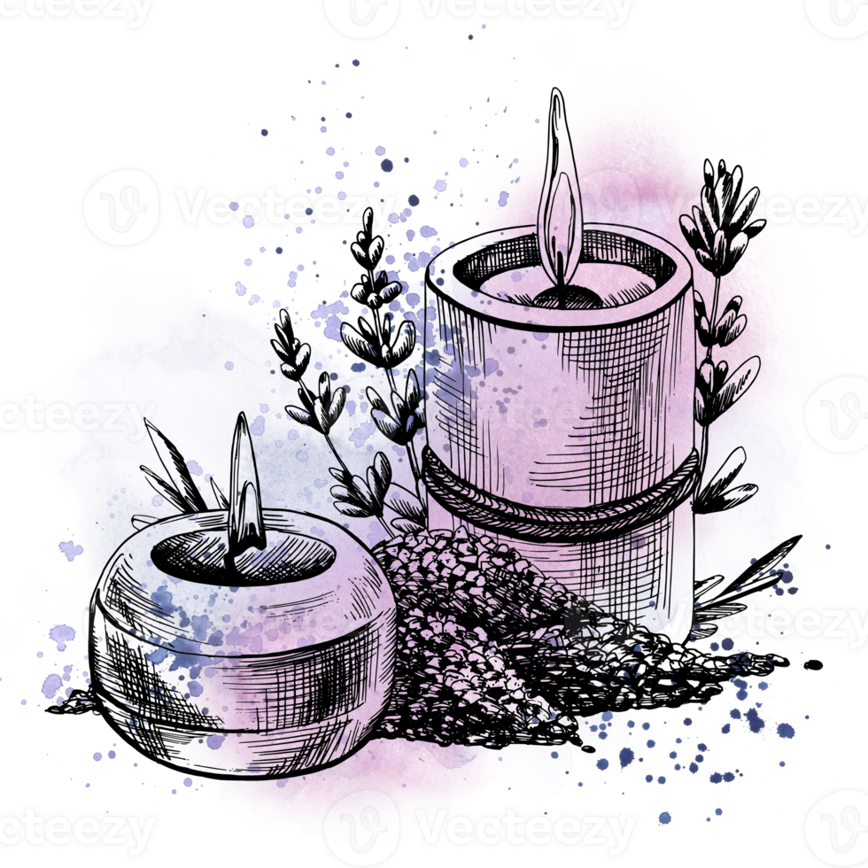 Sea salt and candles with lavender flowers. Hand-drawn illustration, graphic with watercolor stains and splashes. Isolated composition png