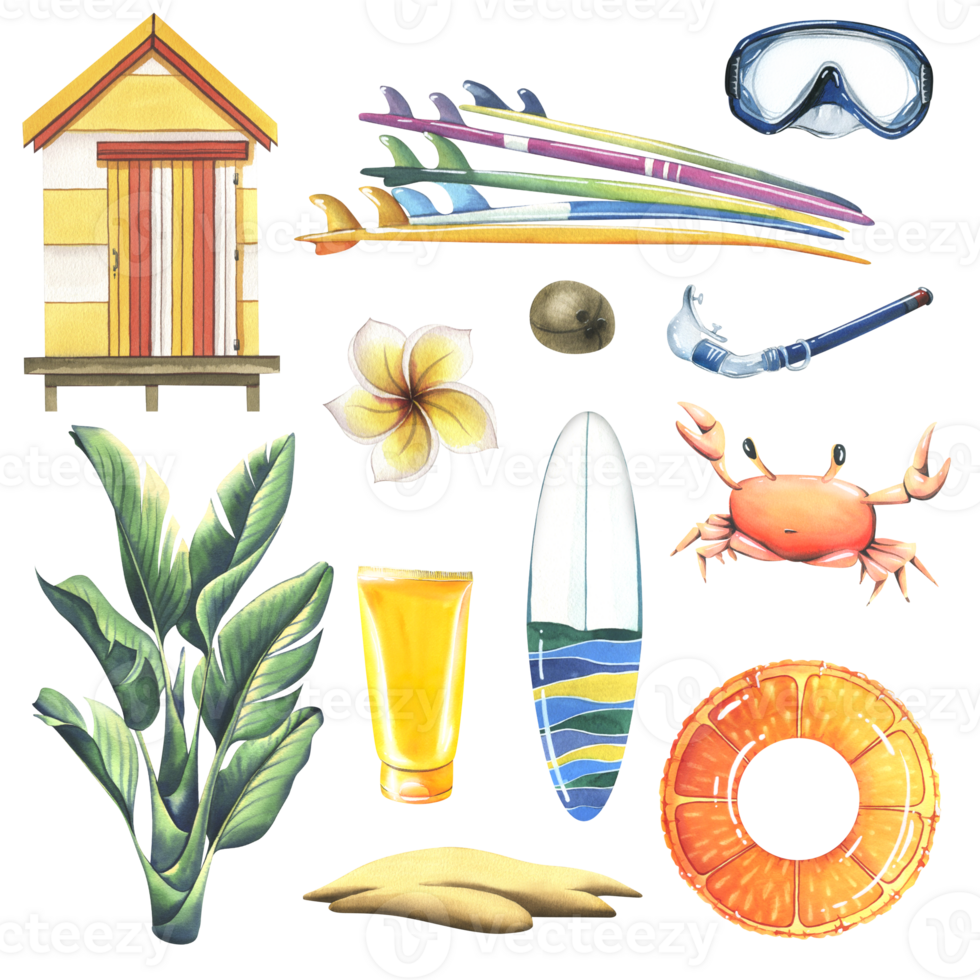 A collection of beach accessories, summer, bright, for relaxation and entertainment. Watercolor illustration, hand drawn. Set of isolated objects png