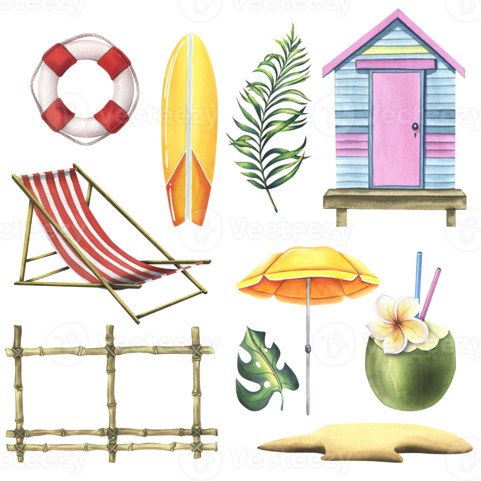 Set of pictures with beach cabin, surfboard, summer vacation and vacation accessories, palm trees, sunscreen. Watercolor illustration, hand drawn. Isolated objects png