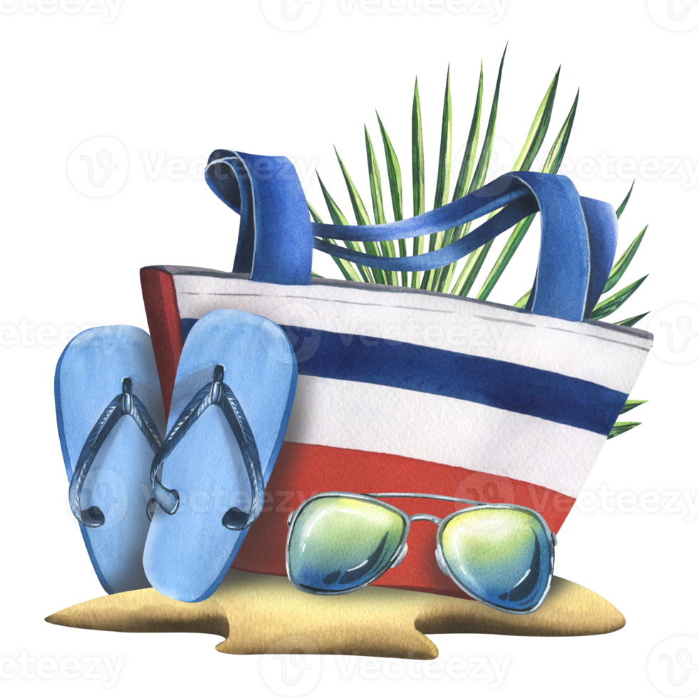 Striped beach bag with flip flops, sunglasses on the sand with palm leaves. Watercolor hand drawn illustration. Isolated composition. For summer and marine prints, stickers. png