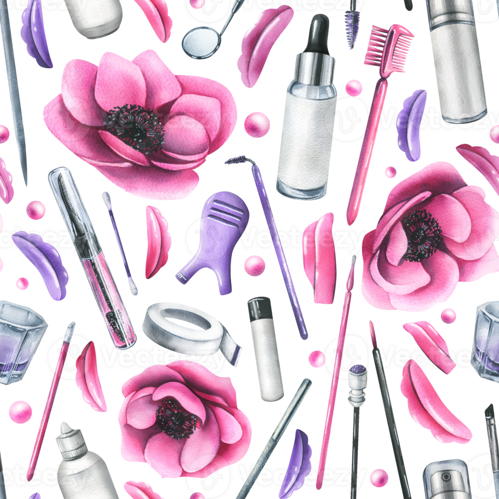 Tools and cosmetics for the master of eyelash and eyebrow extension and lamination. Watercolor illustration, hand drawn. Seamless pattern. For packaging, branding, fabrics. png