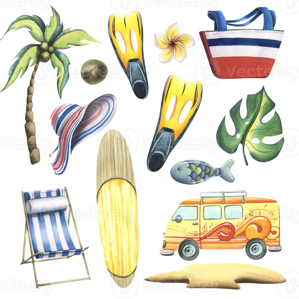 A collection of beach accessories, summer, bright, for relaxation and entertainment. Watercolor illustration, hand drawn. Set of isolated objects png