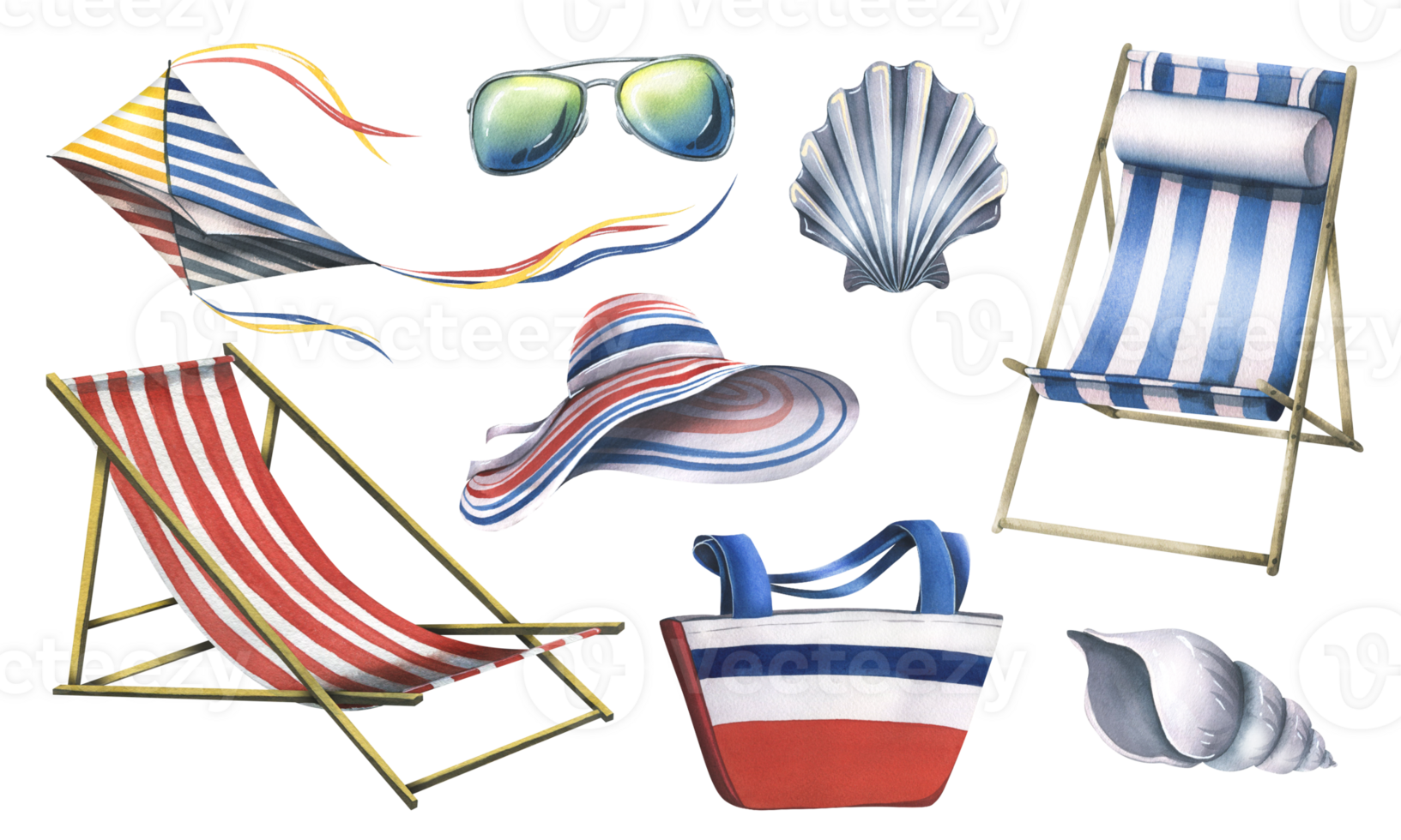 Beach summer set of striped beach holiday accessories with seashells and sunglasses. Hand-drawn watercolor illustration. Isolated objects png