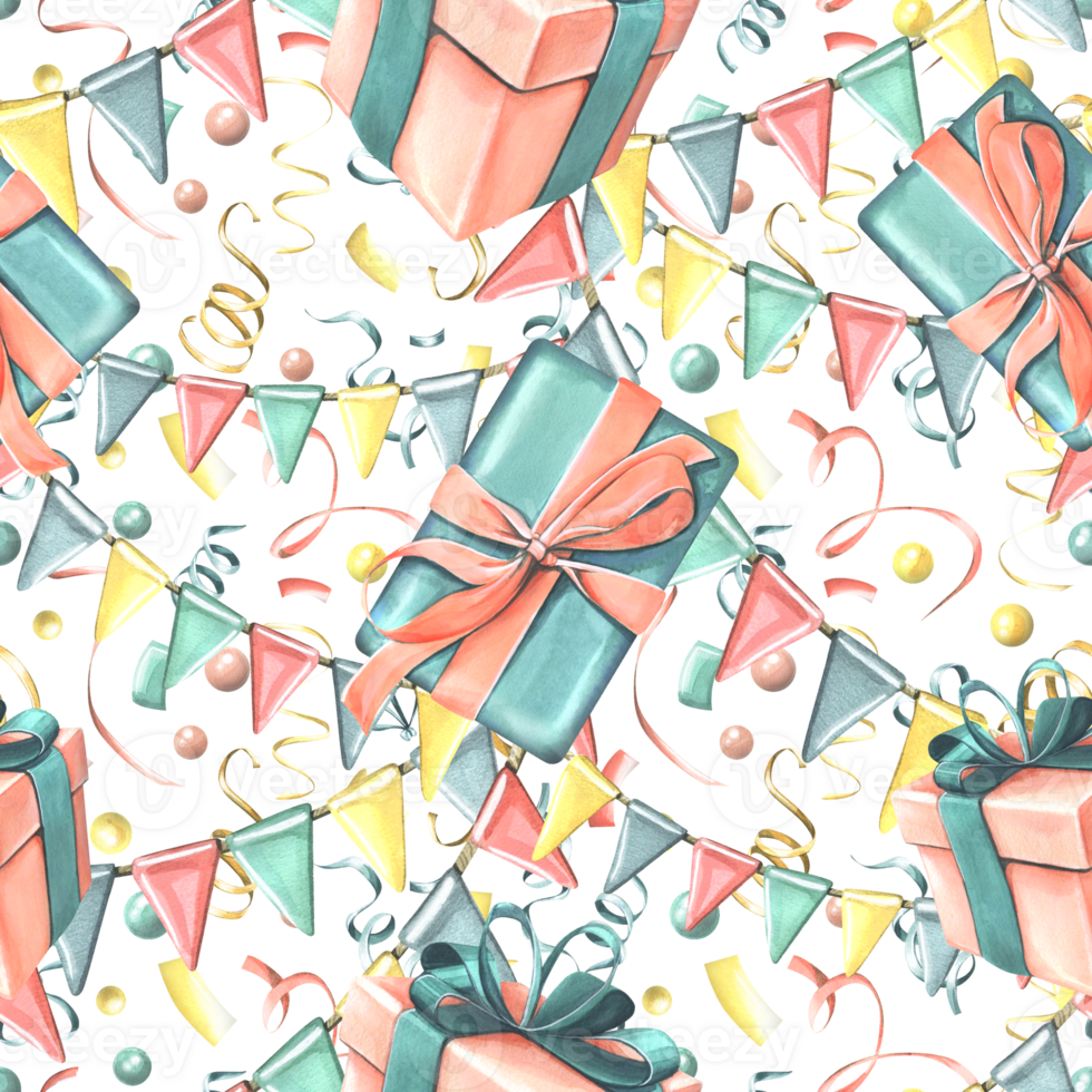 Gift boxes with ribbons, bows, confetti and garland of flags in coral and turquoise colors. Watercolor illustration, hand drawn. Seamless pattern for congratulations png