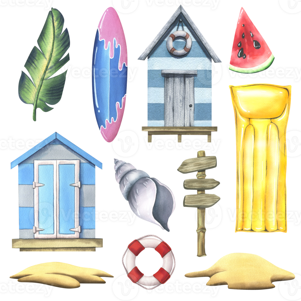 conjunto do As fotos com de praia cabine, prancha de surfe, verão período de férias e período de férias acessórios, Palma árvores, protetor solar. aguarela ilustração, mão retirou. isolado objetos png