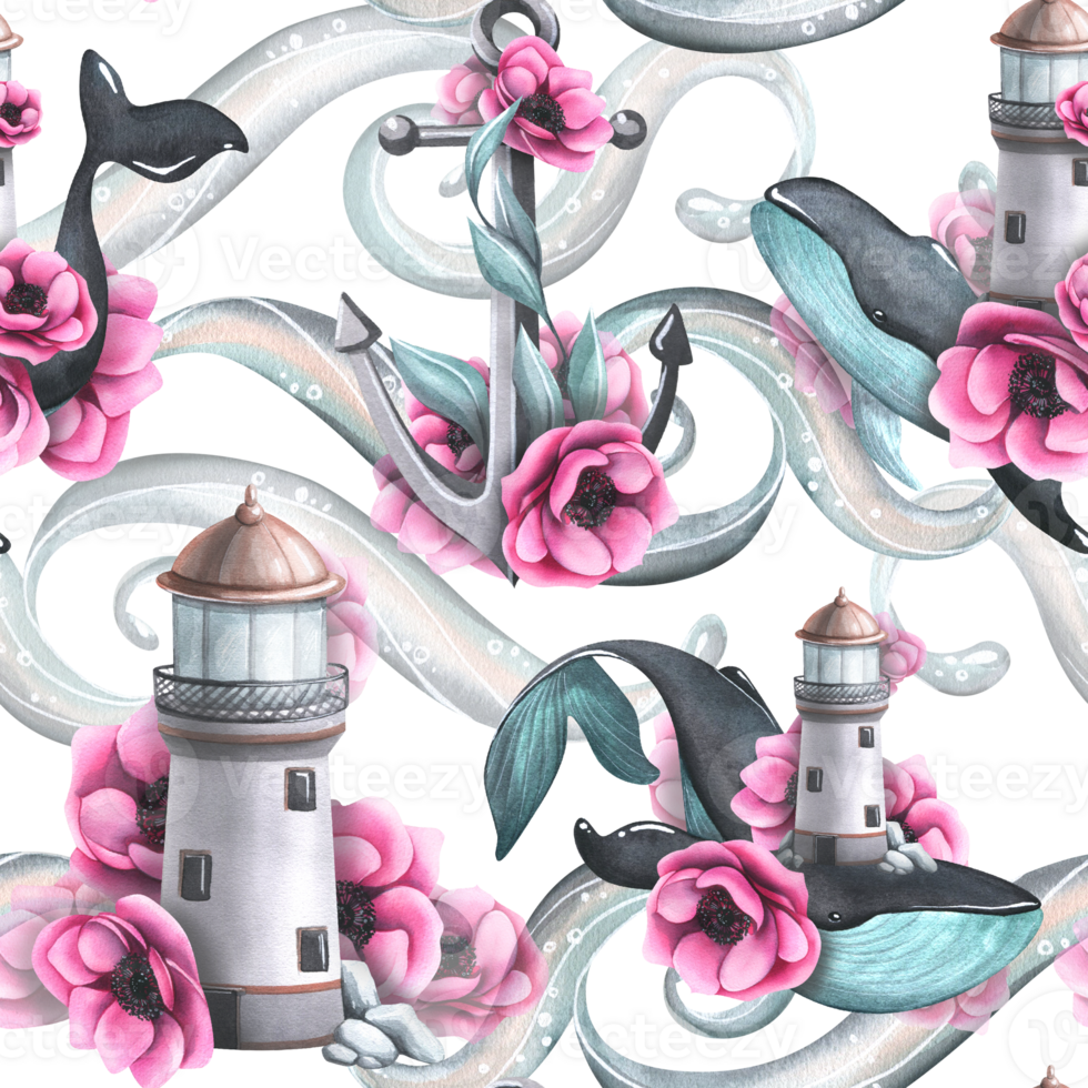 Sea lighthouse, whales and anchor with waves and pink anemone flowers. Hand drawn watercolor illustration. Seamless pattern. For fabric, textile, wallpaper, wrapping paper png