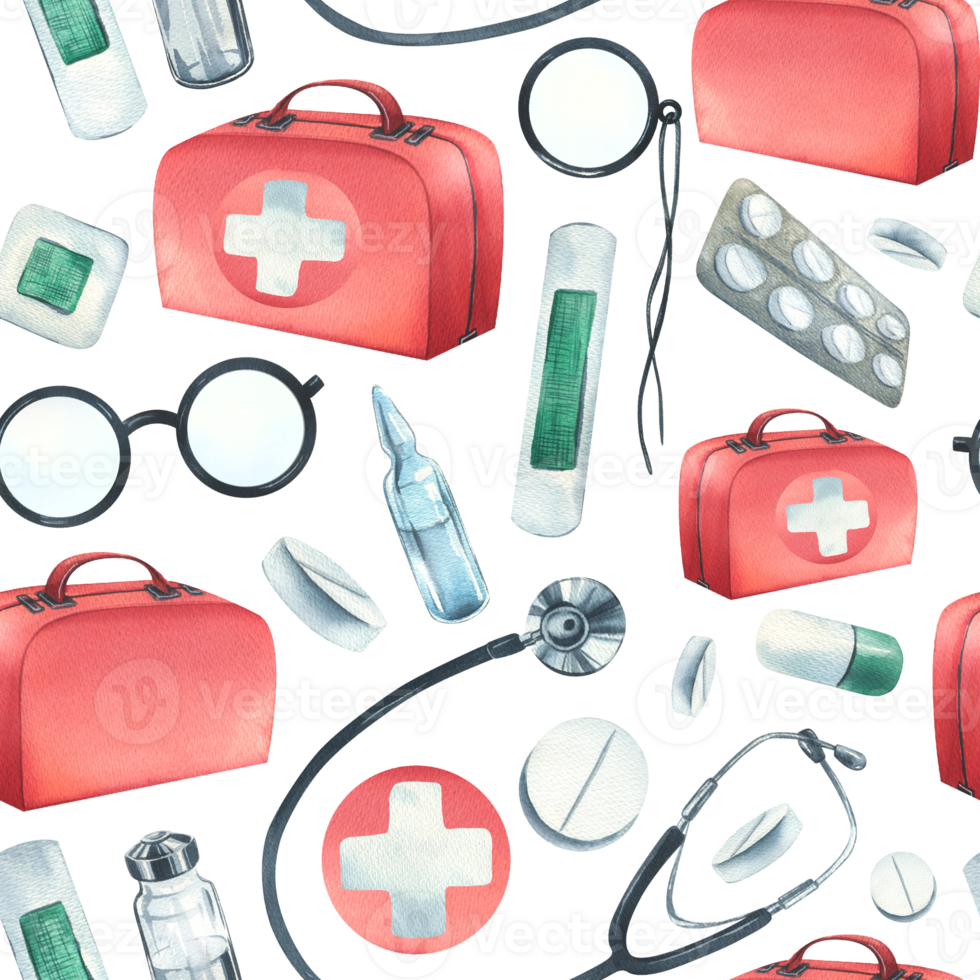 A set of medical equipment with a red first aid case. Watercolor illustration, hand drawn. Seamless pattern, for the design and design of hospitals, clinics, pharmacies. png