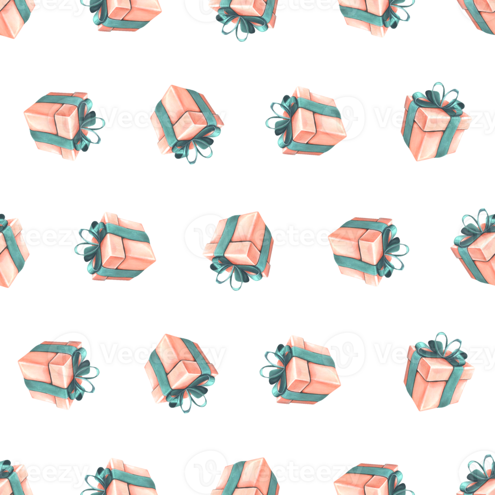 Gift boxes with ribbons and bows in coral and turquoise colors Watercolor illustration, hand drawn. Seamless pattern for congratulations, wrapping paper, holiday decoration. png