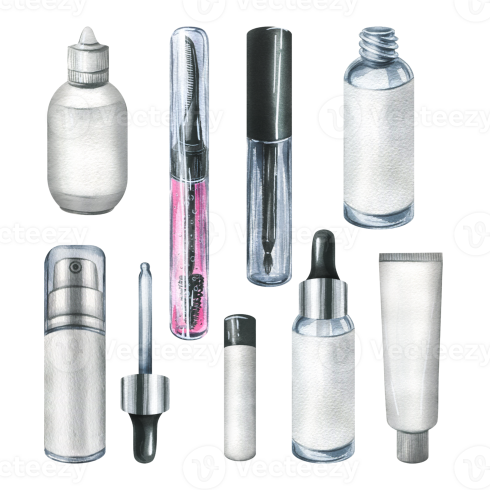 A set of jars, tubes, dispensers for cosmetics. Watercolor illustration, hand drawn. Isolated objects. For advertising, product design, cosmetology, shops and beauty salons. png