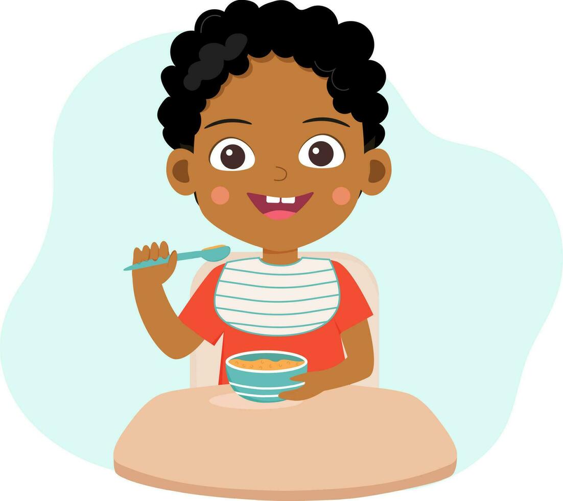 African american baby boy has a meal. Cartoon character. Smiling little boy qith a plate of porridg and spoon. Baby food. Flat vector illustration.