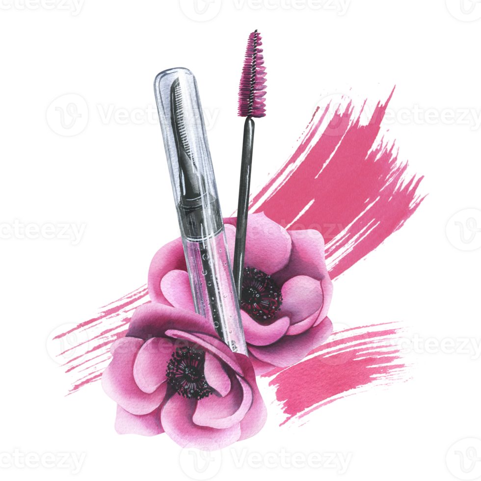 Eyebrow and eyelash gel with brush and comb, composition with pink anemone flowers and smears of cosmetics. Watercolor illustration, hand drawn isolated png