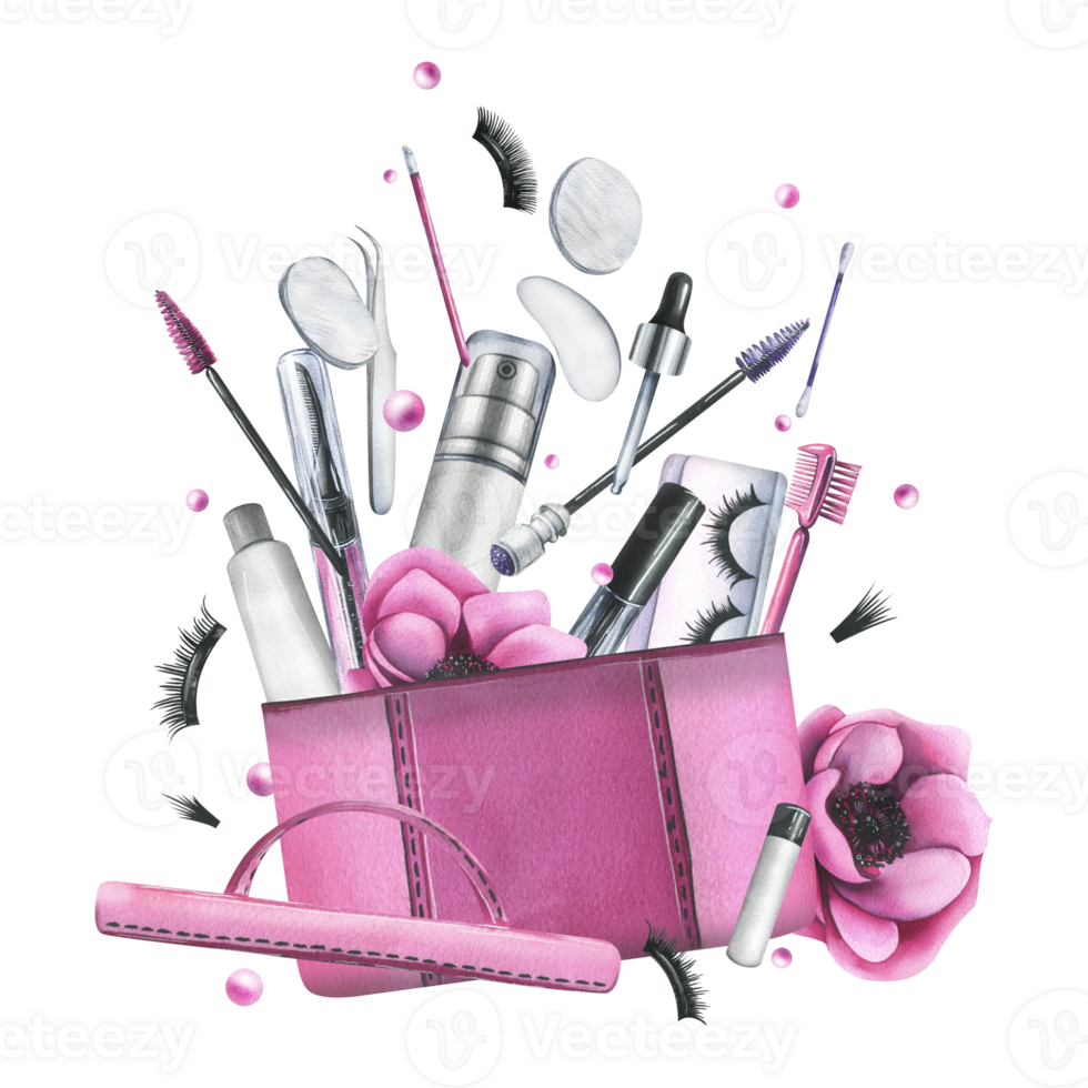 Pink cosmetic bag with anemone flowers and various decorative and skin care cosmetics. Watercolor illustration, hand drawn. Isolated composition png