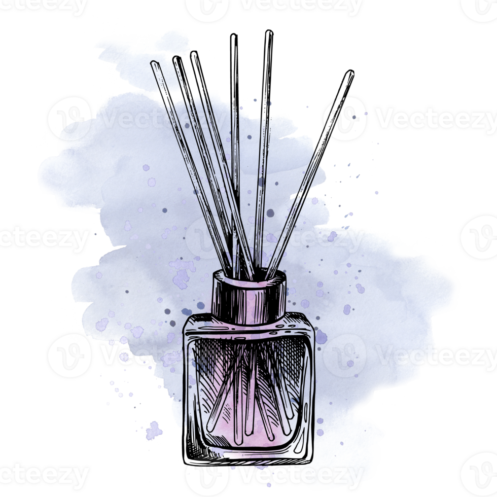 Aroma diffuser square glass jar with sticks. Hand drawn illustration, graphic with lilac watercolor stains and splashes. Isolated object png