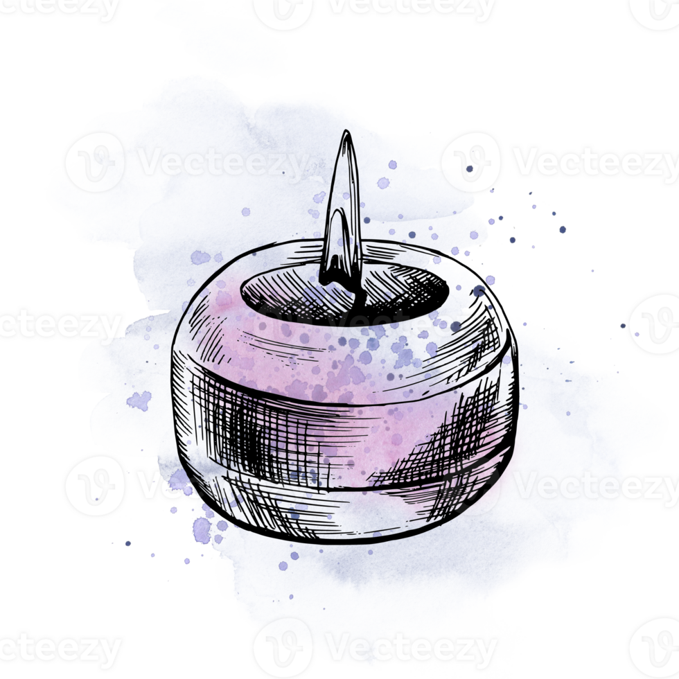 Round candle with flame. Hand drawn illustration, graphic with lilac watercolor stains and splashes. Isolated object png