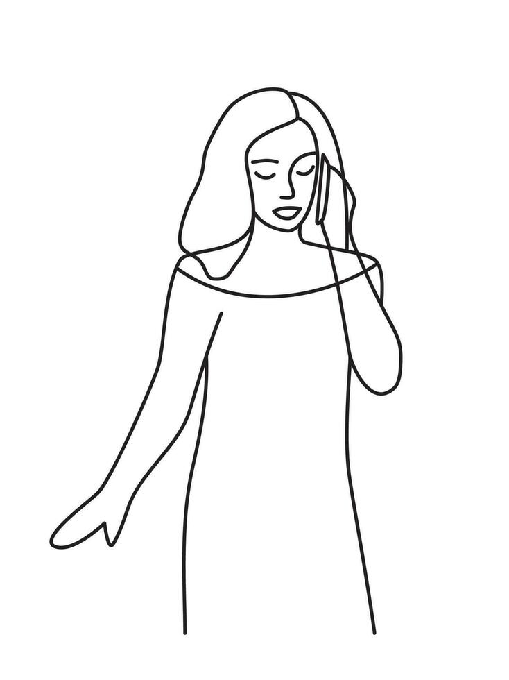 minimalista mano dibujado hembra vector retrato en moderno resumen uno línea dibujo gráfico estilo. decoración imprimir, pared arte, creativo diseño social medios de comunicación. de moda modelo mujer habla en el teléfono en blanco