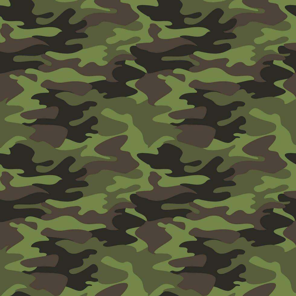 Camouflage pattern background seamless vector illustration. Classic clothing style masking camo repeat print. Green brown black olive colors forest texture