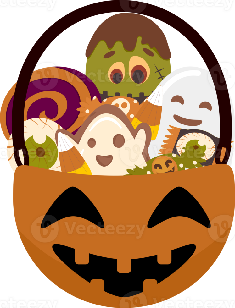 Pumpkin basket and candy trick or treat for Halloween png