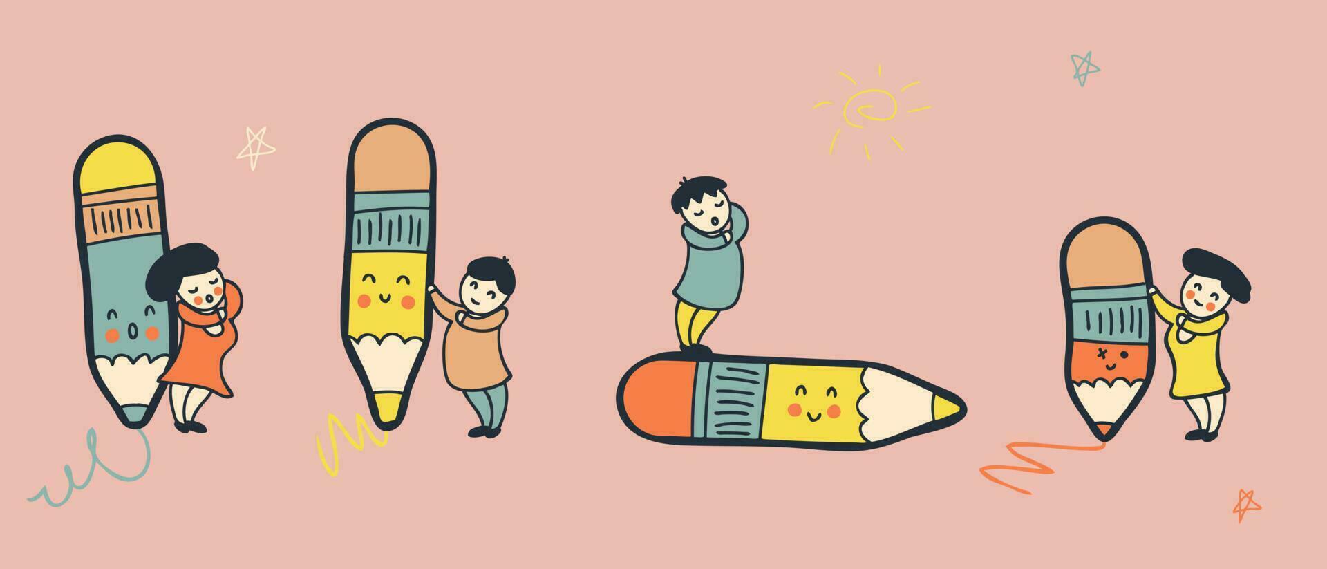 Various people with a giant pencils collection in retro style. Drawing, writing, creating, design, blogging concept. vector