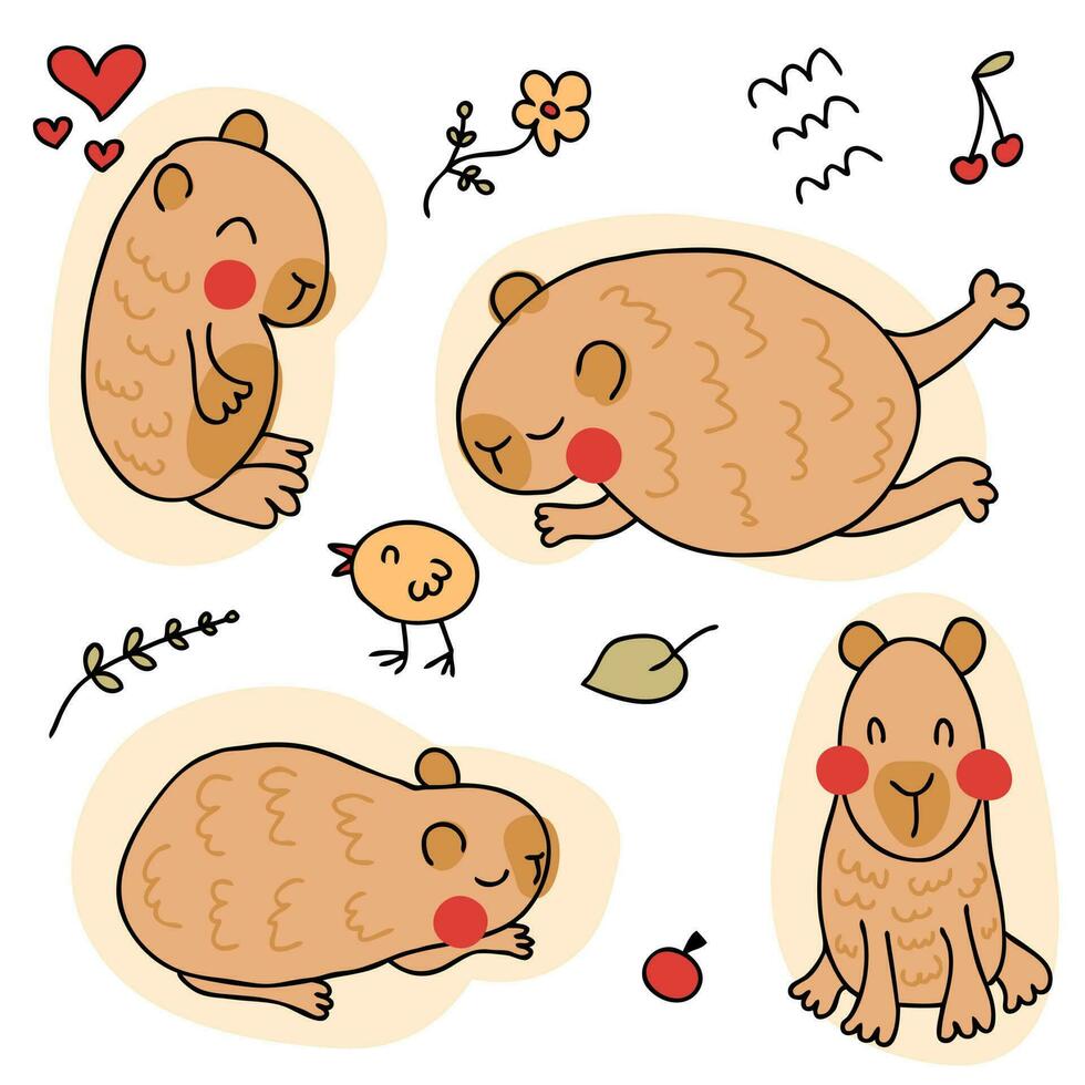 Hand drawn chibi capybara collection in doodle style. Perfect for tee, stickers, poster, card. vector
