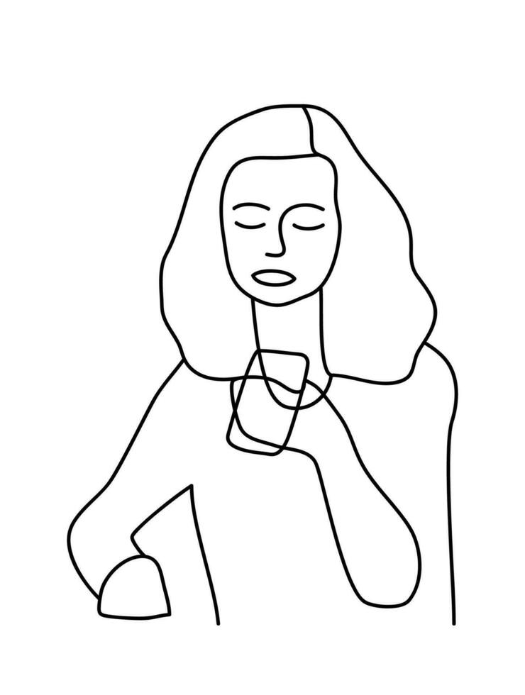 Minimalist hand drawn female vector portrait in modern abstract one line drawing graphic style. Decor print, wall art, creative design social media. Trendy template woman speaks on the phone