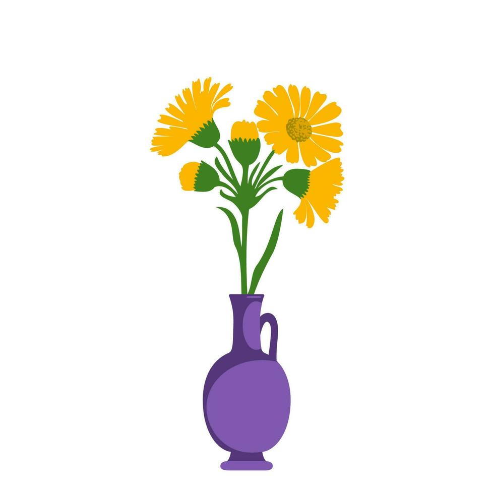 Dandelions plant in pot isolated on white background. Floral botanical daisy bouquet yellow flowers and green leaves vector illustration. Graphic design for greeting, banner, holiday, celebration, art