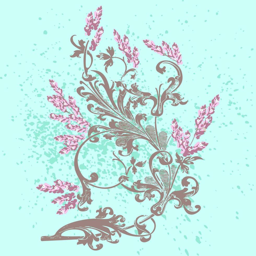 Hand drawn lavender flowers on cyan, abstract floral pattern cover design. Blossom greenery branches, trendy artistic background. Graphic vector illustration wedding, poster, greeting card, magazine