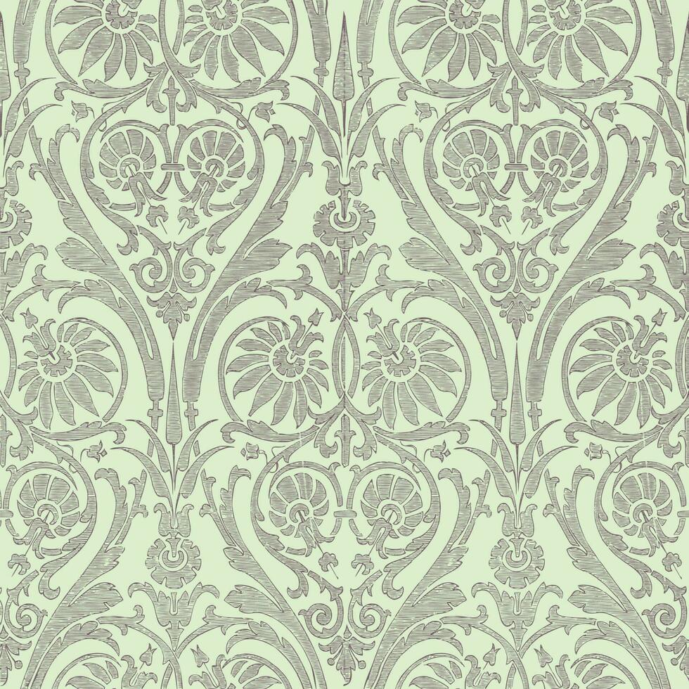 Floral Damask seamless pattern. Vintage filigree background, repeating outline grey flowers foliage. Victorian fashion decor. Antique ornament wallpaper, fabric, wrapping paper. Vector illustration