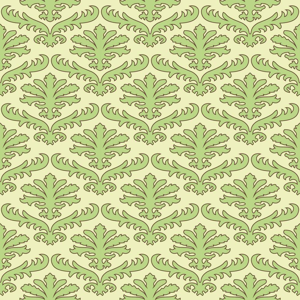 Floral Damask seamless pattern. Vintage baroque background, repeating outline green flowers foliage. Victorian fashion decor. Antique ornament wallpaper, fabric, wrapping paper. Vector illustration