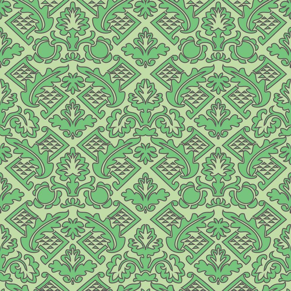 floral damasco sin costura modelo. Clásico barroco fondo, repitiendo contorno verde flores follaje. victoriano Moda decoración. antiguo ornamento fondo de pantalla, tela, envase papel. vector ilustración