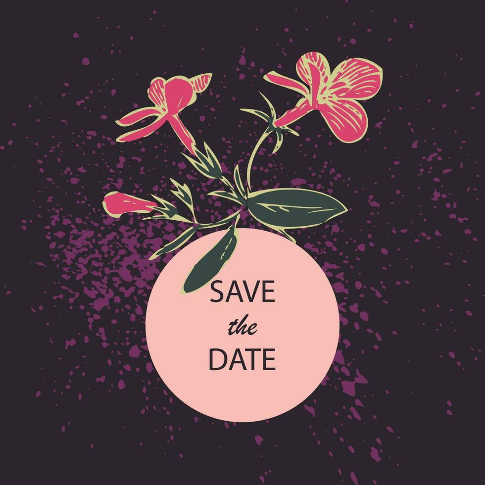 Attractively arranged bunch of flowers on black background with purple splatter. Drawn fuchsia flowers, artistic vector illustration. Floral botanical trendy pattern, graphic design. Pink green colors