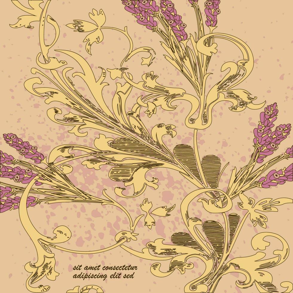 mano dibujado lavanda flores en beige, resumen floral modelo cubrir diseño. florecer verdor sucursales, de moda artístico antecedentes. gráfico vector ilustración boda, póster, saludo tarjeta, revista