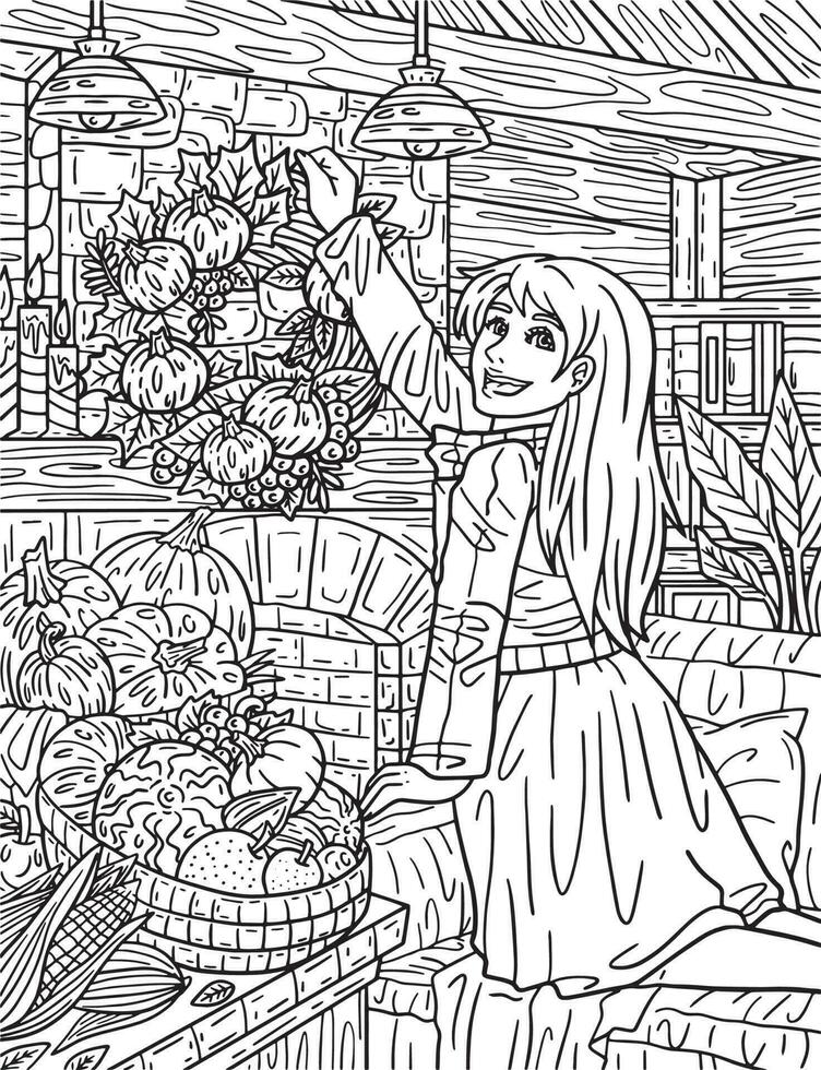 Girl Hanging Thanksgiving Wreath Adults Coloring vector