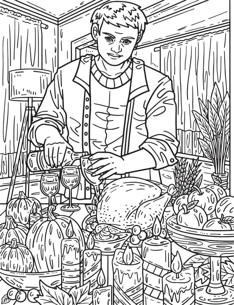Thanksgiving Father with Wine Adults Coloring Page vector