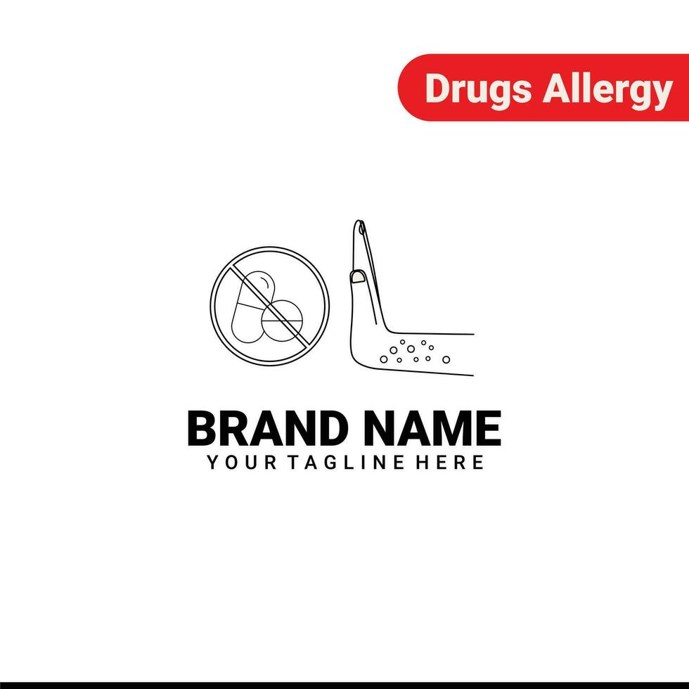 Drugs allergy concept icon. Allergic reaction to medications idea thin line illustration. Hives, itchy skin, rash on hand. Pills use side effects. Vector isolated outline drawing. Editable stroke