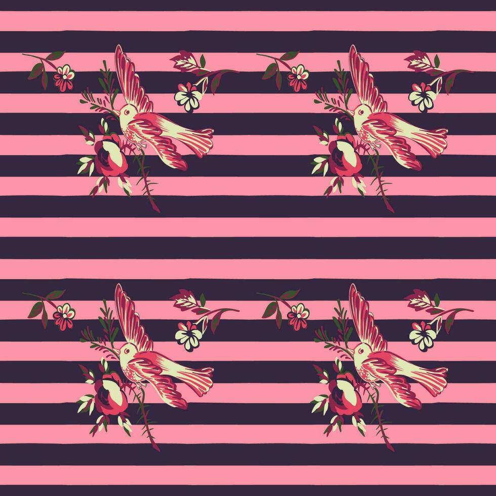 Hand drawn bird flying with flower roses on stripe pattern pink background. Tropical vintage seamless print. Vector illustration for design, fashion, textile, greeting card, fabric, wrapping paper