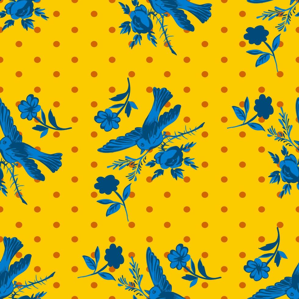 Hand drawn bird flying with flower roses on polka dot pattern background. Tropical vintage seamless print. Vector illustration for design, fashion, textile, greeting card, invitation, wrapping paper