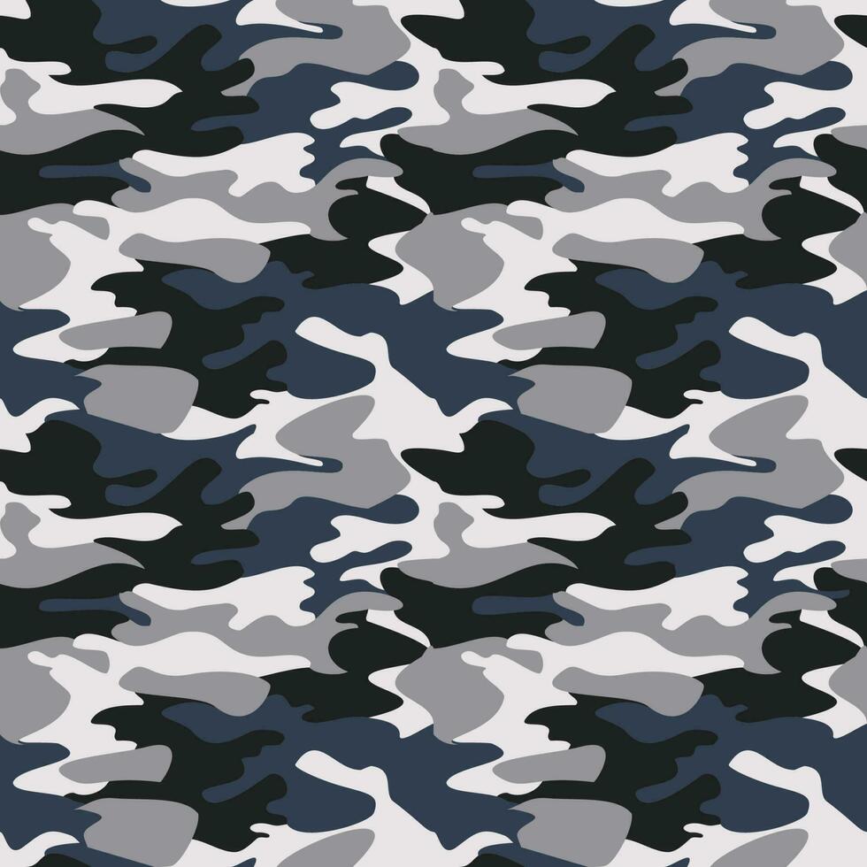 Camouflage pattern background seamless vector illustration. Classic clothing style masking camo repeat print. Gray black white colors forest winter texture