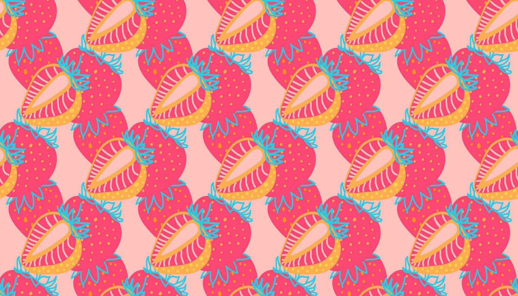 Seamless pattern of Strawberries virtual background for online conferences, online transmissions. Whole and sliced pink Strawberry on pink background for patterns. Abstract vector design illustration