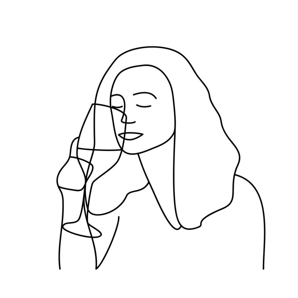 minimalista mano dibujado hembra vector retrato en moderno resumen uno línea dibujo gráfico estilo. decoración imprimir, pared arte, creativo diseño social medios de comunicación. de moda modelo retrato mujer bebidas desde un vaso